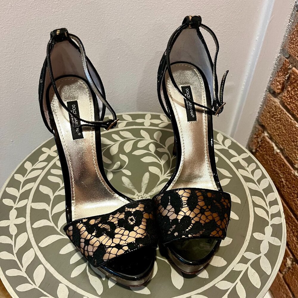 Dolce & Gabbana Black Lace and Satin Platform Sandals